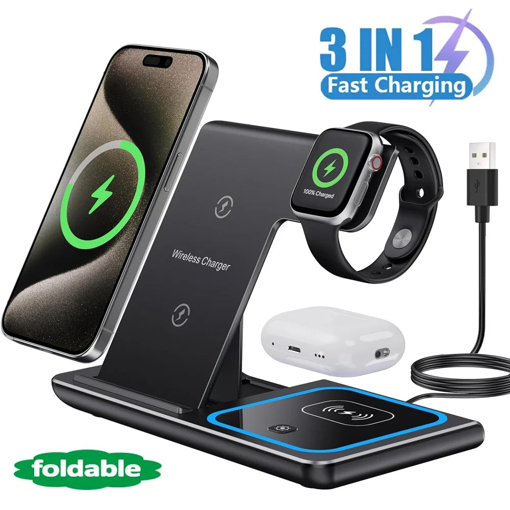 Base de Carga Inalámbrica 3 en 1 — Celular, AirPods y Apple Watch